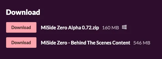 MiSide Zero Alpha 0.72 official download listing showing the 160 MB Windows ZIP